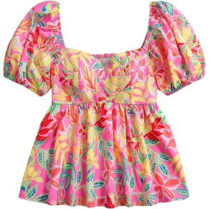image:imageFloerns Womens Floral Short Puff Sleeve Flare Peplum Tops Sweetheart Neck Boho BlousesPink Multi
