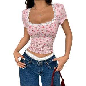 image:imageFloerns Womens Floral Short Sleeve Crop Top Summer Square Neck Lace Trim T ShirtsPink