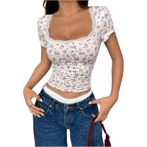 image:imageFloerns Womens Floral Short Sleeve Crop Top Summer Square Neck Lace Trim T ShirtsWhite