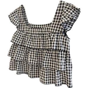 image:imageFloerns Womens Gingham Cap Sleeve Blouses Layered Ruffle Tie Back Babydoll Tank TopsBlack and White