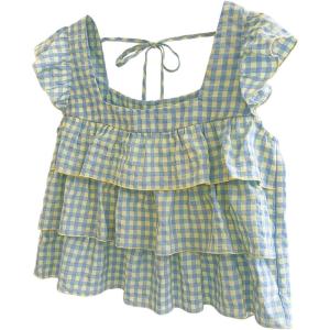 image:imageFloerns Womens Gingham Cap Sleeve Blouses Layered Ruffle Tie Back Babydoll Tank TopsBlue and Yellow
