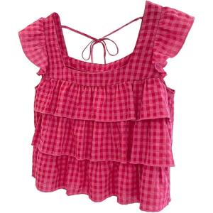 image:imageFloerns Womens Gingham Cap Sleeve Blouses Layered Ruffle Tie Back Babydoll Tank TopsHot Pink