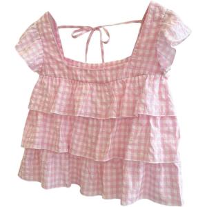 image:imageFloerns Womens Gingham Cap Sleeve Blouses Layered Ruffle Tie Back Babydoll Tank TopsSoft Pink