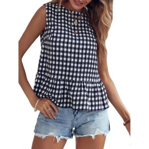 image:imageFloerns Womens Gingham Print Sleeveless Round Neck Ruffle Hem Peplum Blouse TopBlack and White