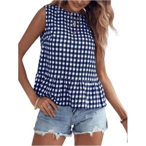 image:imageFloerns Womens Gingham Print Sleeveless Round Neck Ruffle Hem Peplum Blouse TopDeep Blue