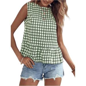image:imageFloerns Womens Gingham Print Sleeveless Round Neck Ruffle Hem Peplum Blouse TopGreen