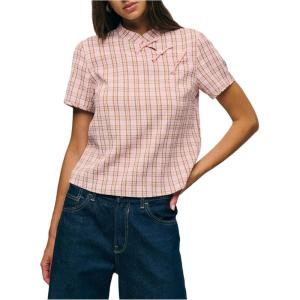 image:imageFloerns Womens Gingham Short Sleeve Shirts Chinese Frog Button Vintage Preppy BlousesPink Multi