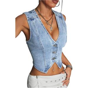 image:imageFloerns Womens Going Out Denim Vest Sleeveless Button Up V Neck Y2k Crop TopsLight Wash