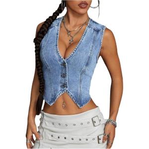 image:imageFloerns Womens Going Out Denim Vest Sleeveless Button Up V Neck Y2k Crop TopsMedium Wash Solid