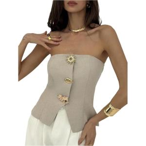 image:imageFloerns Womens Going Out Metal Button Down Shirts Strapless Tube Top BlousesLight Grey