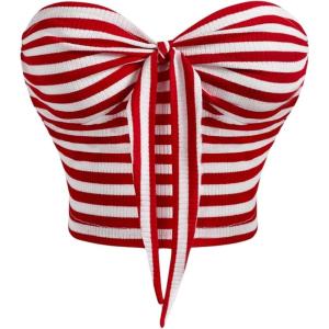 image:imageFloerns Womens Going Out Tie Front Tube Top Striped Ribbed Strapless Ruched Cute Crop TopsRed and White