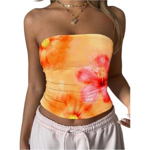 image:imageFloerns Womens Goth Skull Print Strapless Tube Y2k Sleeveless Bandeau TopOrange Pink