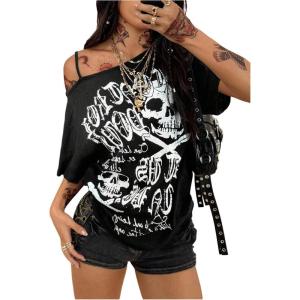 image:imageFloerns Womens Gothic Cold Shoulder T Shirts Half Sleeve Hip Hop Butterfly Tee TopsBlack