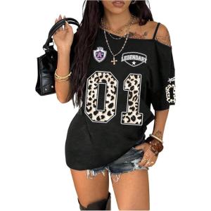 image:imageFloerns Womens Gothic Cold Shoulder T Shirts Half Sleeve Hip Hop Butterfly Tee TopsBlack Leopard
