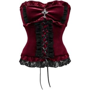 image:imageFloerns Womens Gothic Lace Up Strapless Tops Velvet Lace Trim Coquette Grunge Tube TopsBurgundy