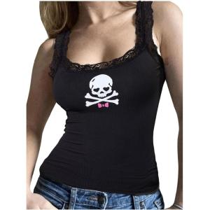 image:imageFloerns Womens Gothic Skull Print Sleeveless Cami Lace Trim Rib Knit Camisole TopBlack