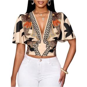 image:imageFloerns Womens Graphic Print Short Sleeve Shirts Deep V Neck Ruched Crop Blouse TopsBrown