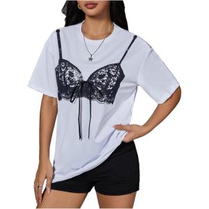 image:imageFloerns Womens Graphic Print Short Sleeve T Shirts Loose Crew Neck Tee ShirtsWhite Black