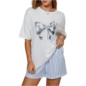 image:imageFloerns Womens Graphic Print Short Sleeve T Shirts Loose Crew Neck Tee ShirtsWhite Metallic Bow