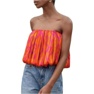 image:imageFloerns Womens Graphic Strapless Tube Tops Sleeveless Bubble Hem Bandeau Going Out TopsOrange