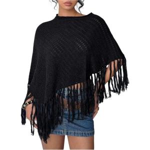 image:imageFloerns Womens Hollow Out Poncho Sweater Asymmetrical Fringe Hem Knitted Pullover Shawl WrapsBlack Fringe