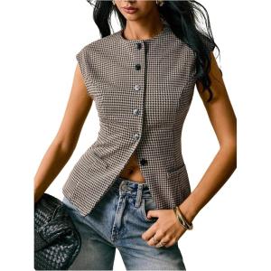 image:imageFloerns Womens Houndstooth Cap Sleeve Blouse Tops Button Down Old Money Work ShirtsCoffee Brown