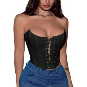 image:imageFloerns Womens Lace Up Y2k Corset Tops Strapless Grommet Eyelet Crop Tube TopBlack
