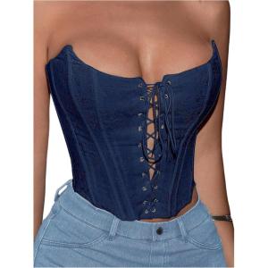 image:imageFloerns Womens Lace Up Y2k Corset Tops Strapless Grommet Eyelet Crop Tube TopDark Blue