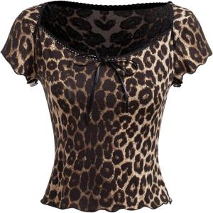 image:imageFloerns Womens Leopard Print Short Sleeve Lettuce Trim Crop Top T ShirtsApricot