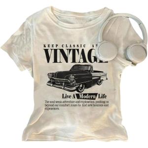 image:imageFloerns Womens Letter Vintage Car Print T Shirts Crew Neck Short Sleeve Y2k Crop TopsWhite