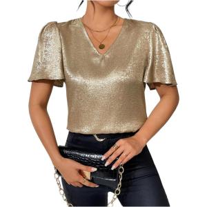 image:imageFloerns Womens Metallic Flounce Short Sleeve Shirts V Neck Party Blouse TopsGold