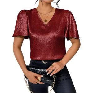 image:imageFloerns Womens Metallic Flounce Short Sleeve Shirts V Neck Party Blouse TopsRed