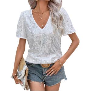 image:imageFloerns Womens Metallic Flounce Short Sleeve Shirts V Neck Party Blouse TopsSequins White