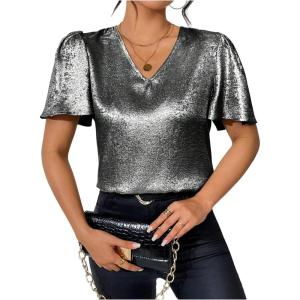 image:imageFloerns Womens Metallic Flounce Short Sleeve Shirts V Neck Party Blouse TopsSilver