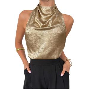image:imageFloerns Womens Metallic Sleeveless Draped Halter Tops Tie Backless Party Blouse TopsGold
