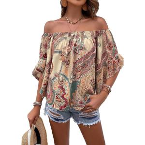image:imageFloerns Womens Off Shoulder Flounce Sleeve Boho Printed Summer Blouse TopBeige