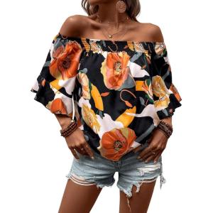 image:imageFloerns Womens Off Shoulder Flounce Sleeve Boho Printed Summer Blouse TopBlack