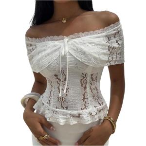 image:imageFloerns Womens Off The Shoulder Lace Tops Short Sleeve Ruffle Going Out T ShirtWhite