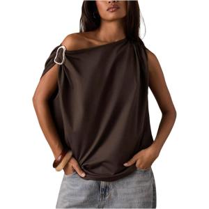image:imageFloerns Womens Off The Shoulder Sleeveless T Shirt Oversized Summer Trendy Going Out TopsBrown