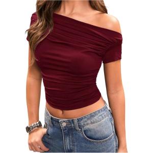 image:imageFloerns Womens Off The Shoulder Y2k T Shirts Short Sleeve Ruched Going Out TopsBurgundy