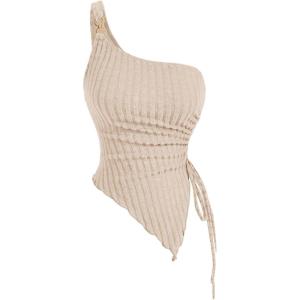 image:imageFloerns Womens One Shoulder Sleeveless Knitted Drawstring Asymmetrical Hem Ruched Tube TopApricot