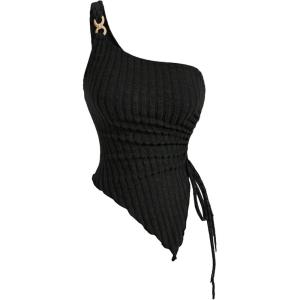 image:imageFloerns Womens One Shoulder Sleeveless Knitted Drawstring Asymmetrical Hem Ruched Tube TopBlack