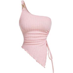 image:imageFloerns Womens One Shoulder Sleeveless Knitted Drawstring Asymmetrical Hem Ruched Tube TopPink