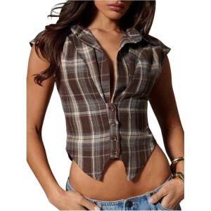 image:imageFloerns Womens Plaid Button Front Shirts Collared Cap Sleeve Going Out Blouses TopsBrown