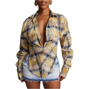 image:imageFloerns Womens Plaid Long Sleeve Shirts Collared Split Asymmetrical Hem Casual BlousesYellow