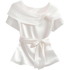 image:imageFloerns Womens Plus Size Asymmetrical Neck Blouses Elegant Short Sleeve Tie Waist Work ShirtsWhite