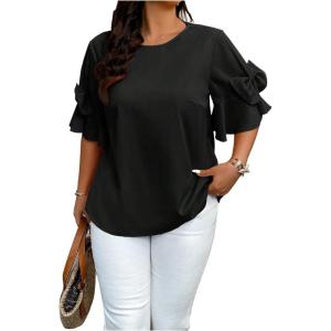 image:imageFloerns Womens Plus Size Bowknot Ruffle Half Sleeve Blouse Crew Neck Elegant ShirtsBlack
