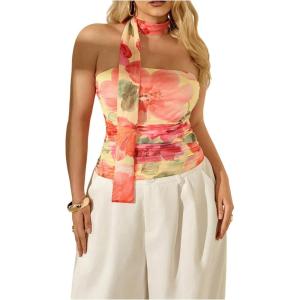 image:imageFloerns Womens Plus Size Floral Ruched Strapless Bandeau Tube Tops with ScarfPink Multi