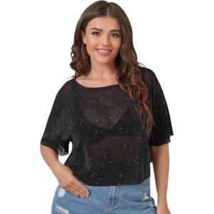 image:imageFloerns Womens Plus Size Short Sleeve Sheer Mesh Tops T Shirt BlouseBlack
