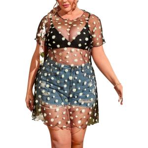image:imageFloerns Womens Plus Size Short Sleeve Sheer Mesh Tops T Shirt BlouseBlack Ditsy Floral